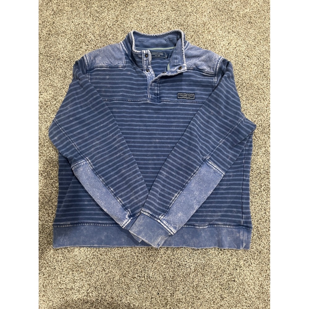 Vineyard Vines Mens Large Blue Striped Quarter Snap Pullover Cotton Sweatshirt